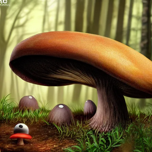 Prompt: photorealistic mushroom creature with big black shiny eyes, lurking in the forest, 8k, digital art, trending on art station