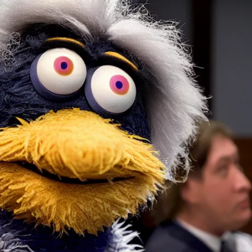 Prompt: a hyperrealistic portrait of the sesame street bert wearing a white lawyer's wig in a courtroom, fuji film, intricate details. believable eyes. front on, symmetrical. head to shoulders shot.