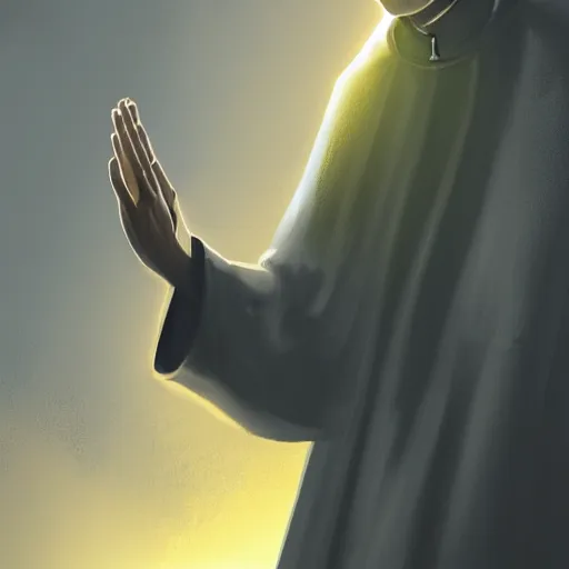 Image similar to Close up of a thin and stern catholic priest in his thirties fervently praying as he is about to die from the ominous yellow shadow descending upon him from the night sky. Low angle, dramatic lighting. Award-winning digital art, trending on ArtStation