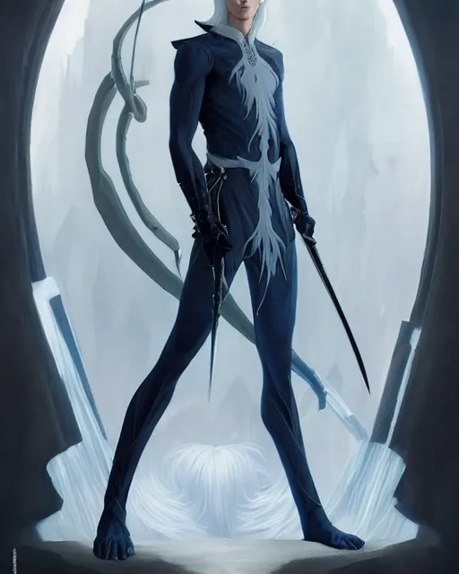 Image similar to character portrait of a slender young half elven man with white hair, piercing blue eyes, and pale blue skin, wearing sleek pearlescent black armor, by greg rutkowski and mark brookes and jim burns and tom bagshaw and magali villeneuve, trending on artstation