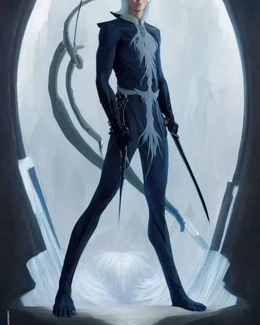 Prompt: character portrait of a slender young half elven man with white hair, piercing blue eyes, and pale blue skin, wearing sleek pearlescent black armor, by greg rutkowski and mark brookes and jim burns and tom bagshaw and magali villeneuve, trending on artstation