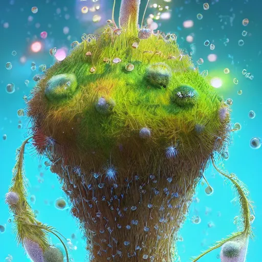 Image similar to tiny fur tower, vegetation, expressive eyes, floating, rbc, radiolaria, protophyta, micro - organisms, center frame, symmetric, rim light, marine microbiology, bioluminescence, electric, fur, soft, concept art, intricate details, highly detailed, colorful, photorealistic, disney pixar, octane render, iridescent, anime, 8 k