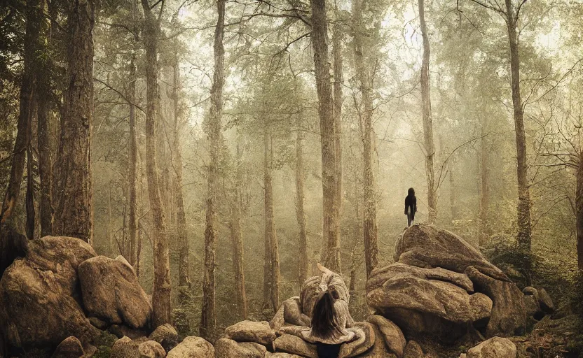 Image similar to a beautiful painting of a lonely wandering soul, resting in a forest sitting on a boulder, listening to the quiet and the breeze, smiling and looking up at the trees, by elizabeth gadd