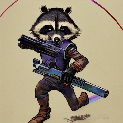 Image similar to racoon holding a laser gun, guardians of the galaxy style, centered award winning watercolor pen illustration, by caroline choi, edited by range murata