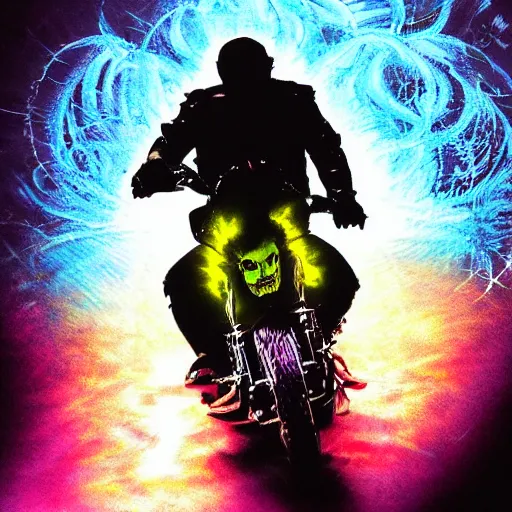 Prompt: psychedelic blacklight airbrush artwork, action shot of an orc biker riding a motorcycle, airbrushed on a black background