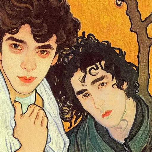 Image similar to painting of young cute handsome beautiful dark medium wavy hair man in his 2 0 s named shadow taehyung and cute handsome beautiful min - jun together at the halloween party, bubbling cauldron, candles, smoke, tarot, autumn colors, elegant, stylized, soft facial features, delicate facial features, art by alphonse mucha, vincent van gogh, egon schiele