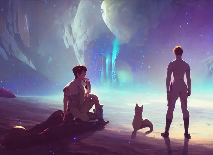 Image similar to a space handsome gay guy and his pet space cat staring role in a musical sci - fi space opera ghibli animated film, volumetric lighting, octane render by stanley artgerm lau, greg rutkowski, thomas kindkade, alphonse mucha, loish, norman rockwel, 8 k greg rutkowski