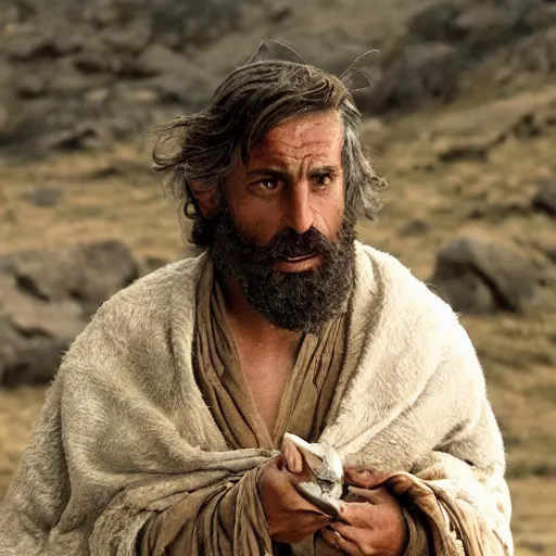 Image similar to Cinematic still portrait of ugly Mediterranean skinned man dressed in Biblical Shepherd Clothing with a flock of goats, Biblical epic film dramatic angles, directed by Steven Spielberg