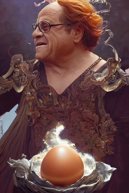 Image similar to danny devito the conqueror and offerer of eggs, fantasy, intricate, elegant, highly detailed, digital painting, artstation, concept art, sharp focus, illustration, art by artgerm and greg rutkowski and alphonse mucha