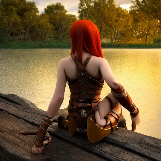 Image similar to beautiful female redhead elf warrior wearing tanned leather and a longbow and quiver on her back, sitting next to a beautiful lake at sunset, enjoying the wind, looking at the water. 8 k ultra realistic, award winning, unreal engine 5, masterpiece, atmosphere glow, hyperrealistic, focused, extreme details, cinematic