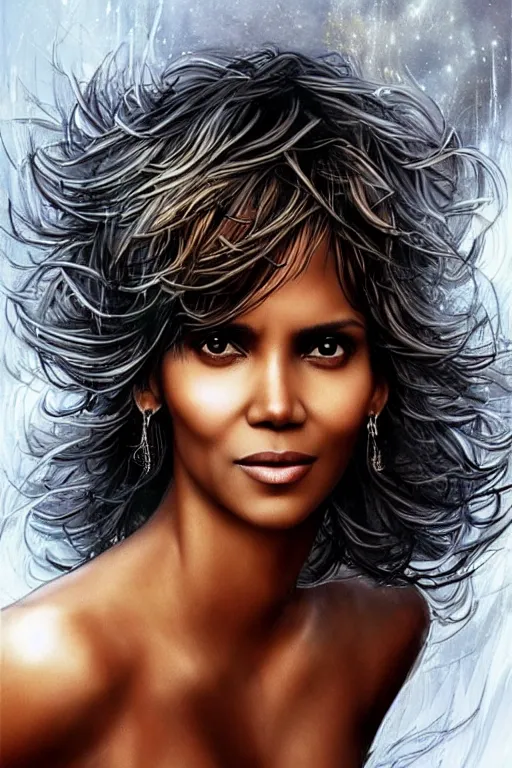 Prompt: sexy Halle Berry, fantasy, intricate, highly-detailed, elegant, dramatic lighting, gorgeous face, sexy gown, lifelike, photorealistic face, digital painting, artstation, illustration, concept art, smooth, sharp focus, art by Jude Palencar, Luis Royo, John Collier and Albert Aublet and Krenz Cushart and Artem Demura and Alphonse Mucha