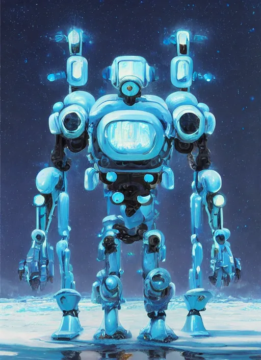 Image similar to an intricate oil painting of a giant pristine icey blue metal anime humanoid mecha with rounded components by simon stalenhag, icey tundra background