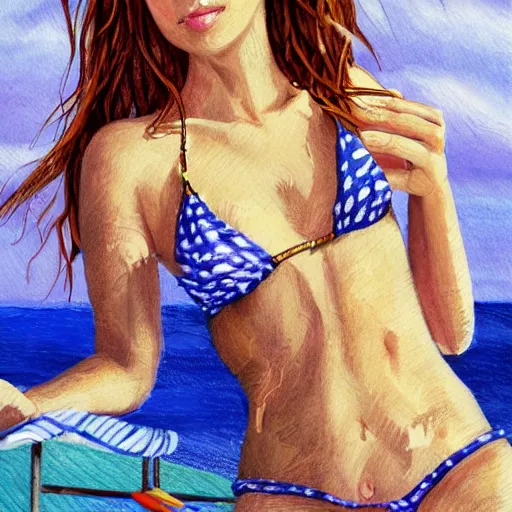 Prompt: a portrait of a young asiatic lady on a beach chair , perfect and detailed face, hot summertime hippie, sparky swimsuit , calm sea and beach background , sunny day, perfecly detailed, realistic portrait, perfect design, natural light