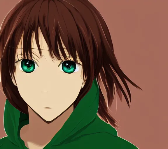 Image similar to close up character portrait of an anime character with brown hair and green eyes wearing a hoody, digital art