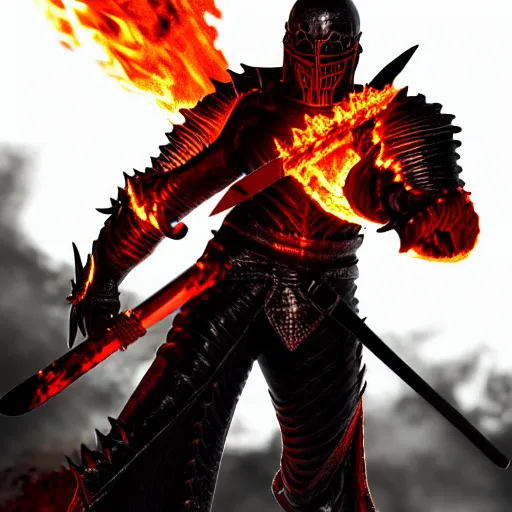 Image similar to hell knight with a flaming sword, highly detailed, 4k, HDR, smooth, sharp focus, hyper realistic, high resolution