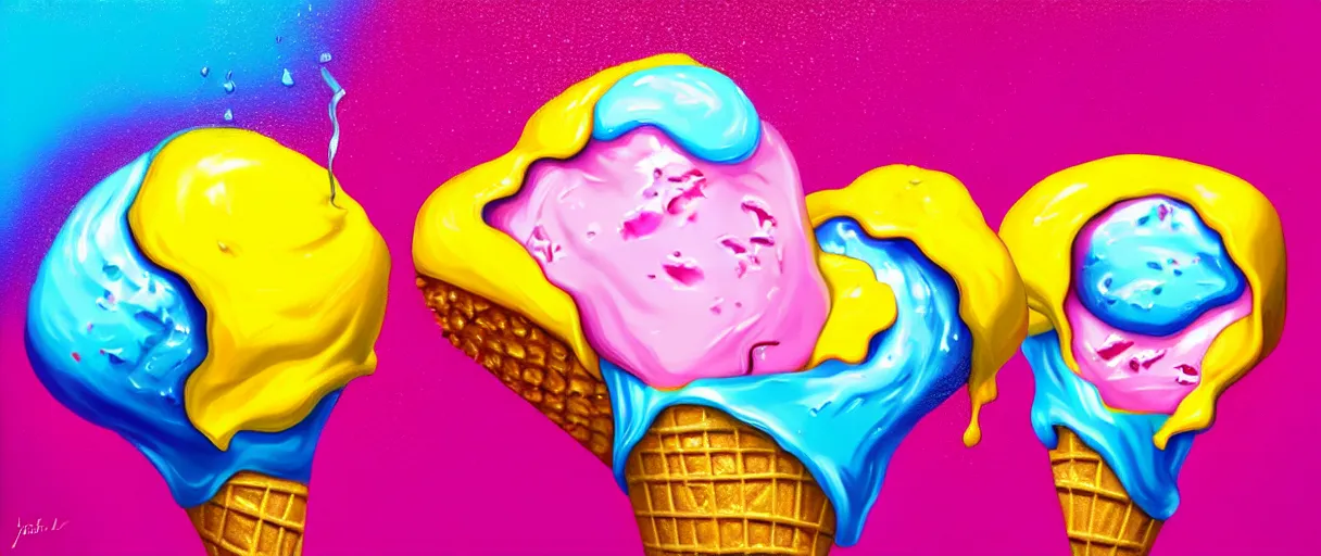 Image similar to hyperrealistic popart supercute melting! multicolored ice cream jason limon digital painting dramatic yellow lighting high angle hd 8k sharp shallow depth of field