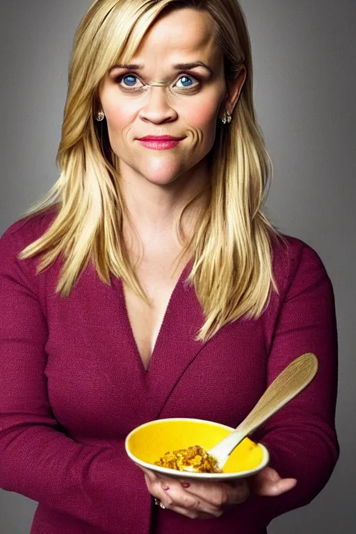 Image similar to an award winning photo of reese witherspoon holding a spoon, portrait photography, studio lighting, highly detailed, extremely realistic