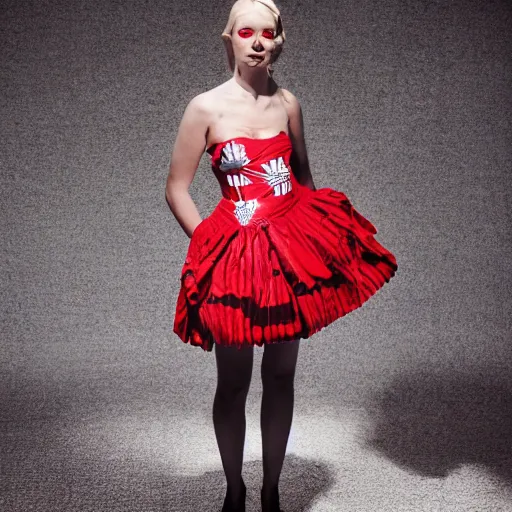 Image similar to A dress inspired by the Gwenn ah du. A dress modelled after the flag of Brittany. Studio lighting