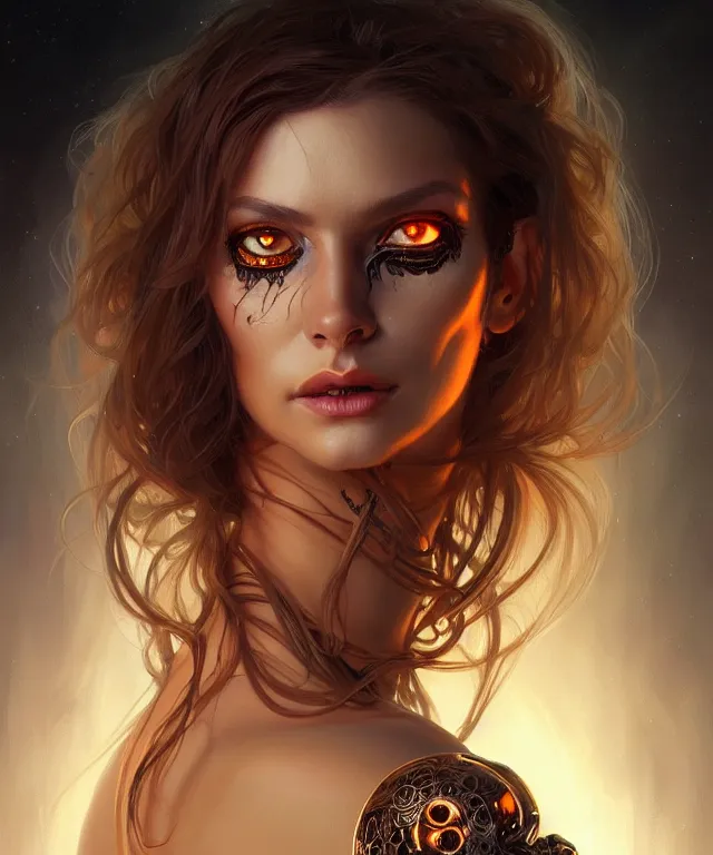 Image similar to Halloween woman portrait, sci-fi, amber eyes, face, long hair, fantasy, intricate, elegant, highly detailed, digital painting, artstation, concept art, smooth, sharp focus, illustration, art by artgerm and greg rutkowski and alphonse mucha