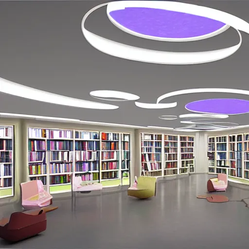 Prompt: peaceful futuristic library with social spaces, concept art, pastel painting