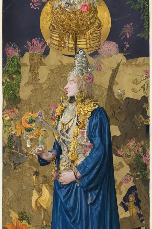 Image similar to hyperdetailed matte illustration of a knight wearing an ornate gold headpiece and holding a flower with a map of the collective subconscious in the background by john currin