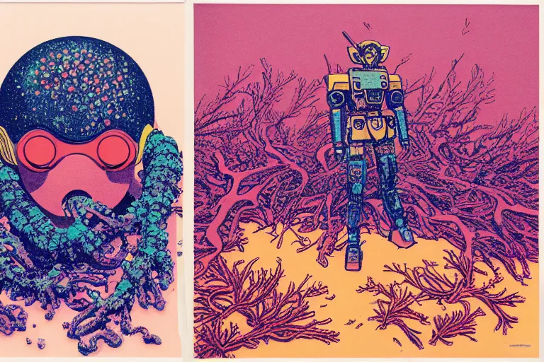 Image similar to risograph grainy drawing vintage sci - fi, satoshi kon color palette, gigantic gundam full - body covered in dead coral reef 1 9 6 0, kodak, with lot tentacles, natural colors, codex seraphinianus painting by moebius and satoshi kon and dirk dzimirsky close - up portrait