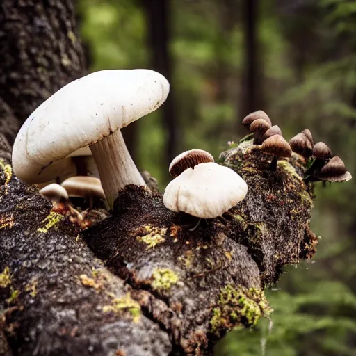 Image similar to mooshrooms growing on a dead tree in the forest, canon eos r 3, f / 1. 4, iso 2 0 0, 1 / 1 6 0 s, 8 k, raw, unedited, symmetrical balance, in - frame,