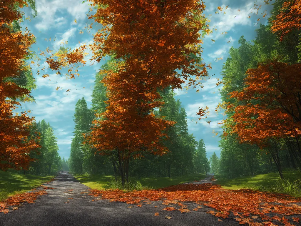 Image similar to Going to the end of the road, there are maple trees on both sides of the road, and maple leaves are floating in the air, Vanishing Point, hdr, ue5, unreal engine 5, cinematic 4k wallpaper, ultra detailed, high resolution, artstation, award winning.