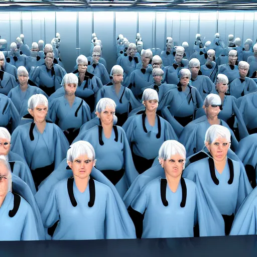 Image similar to troop of very old women with white bob hairdos, tight light blue neopren suits, futuristic cloning facility, sci - fi, highly detailed, cinematic