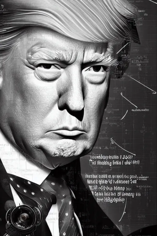 Image similar to photorealistic portrait photograph of donald trump!! with nuclear!! schematics, handsome, depth of field, soft focus, highly detailed, intricate, realistic, national geographic cover, soft glow, textured, artstation, concept art, sharp focus, illustration, art by artgerm and greg rutkowski and alphonse mucha