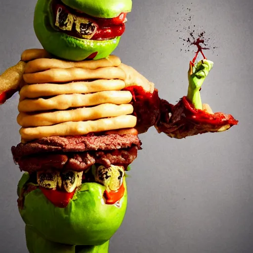 Image similar to a humanoid bipedal upright zombie that strongly resembles a hamburger, professional food photography