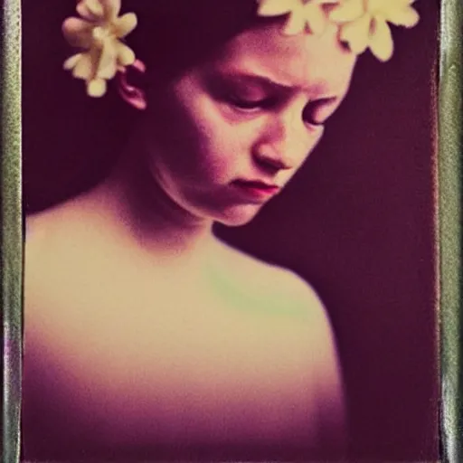 Prompt: close up of a girl morphing into flowers, watercolor vintage polaroid by gottfried helnwein, by hammershøi, art noveau, highly detailed, lights by edward hopper, liminal, eerie, bright pastel colors