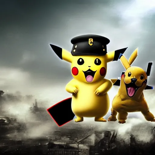 Prompt: pikachu fighting stalin in ww 2 uniform and a mustache, fighting in world war 2, photorealistic, high detail, realistic, sharp focus, smooth edges, soldiers in the background! black & white!, dramatic, sky on fire with dogfights in the sky. wide angle