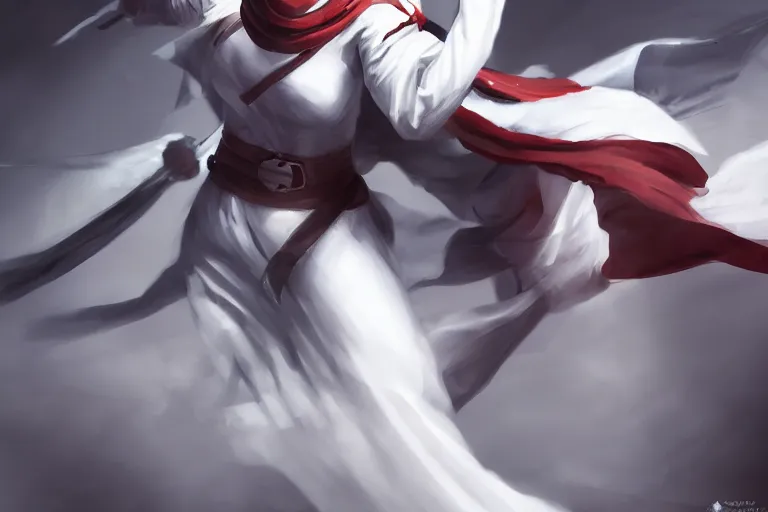 Prompt: a ninja dressed in tapered white satin clothes, the ninja is wielding spirit papers, dynamic, combat pose, digital painting, WLOP, trending on artstation, 8k, epic composition, highly detailed, sharp focus