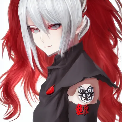 Image similar to white hair, red eyes, two small horn on the head, anime style, anime girl