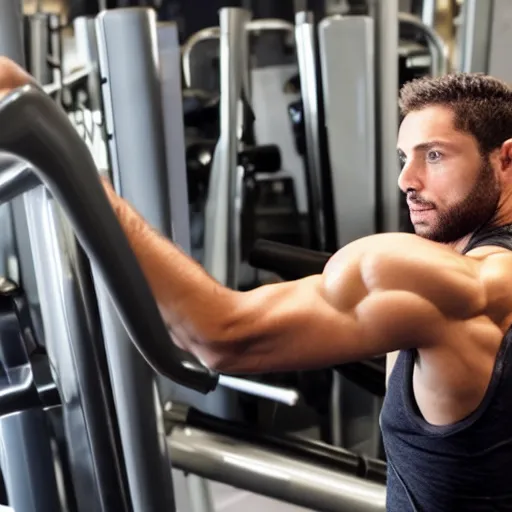 Image similar to muscular scientist thinking about scientific principles while working out at the gym