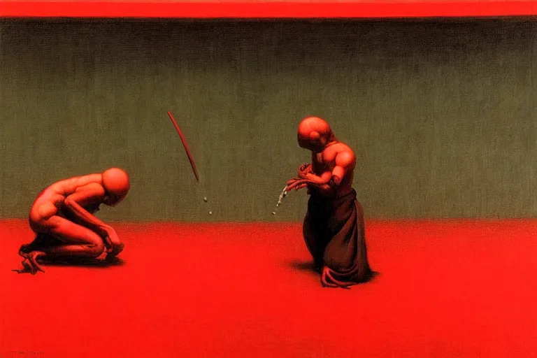 Image similar to only with red, a red samurai do seppuku, tokio, a lot of frogs watch, in the style of beksinski, parts by edward hopper, parts by rodcenko, parts by yue minjun, intricate and epic composition, red by caravaggio, insanely quality, highly detailed, masterpiece, red light, artstation, 4 k