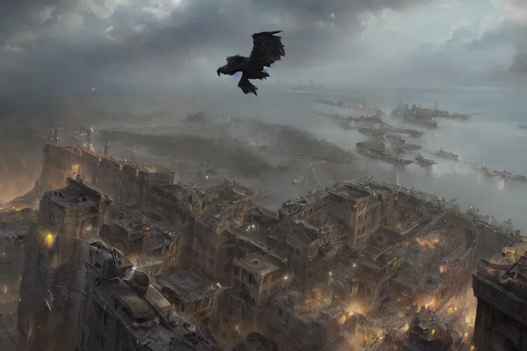 Image similar to people FLYING ON BIRDS, over the ocean, towards a GIGANTIC wall, protecting the city from black mist, cinematic, greg rutkowski, detailed, intricate