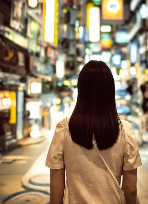 Image similar to symmetry!! a 2 8 mm macro photo from the back of a woman in tokyo, seen from a distance, splash art, movie still, bokeh, canon 5 0 mm, cinematic lighting, dramatic, film, photography, golden hour, depth of field, award - winning, anamorphic lens flare, 8 k, hyper detailed, 3 5 mm film grain