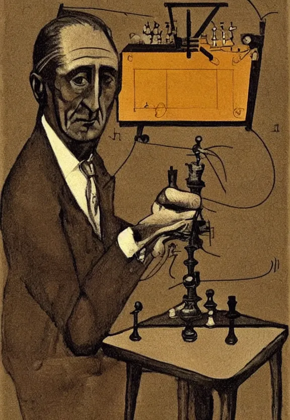 Image similar to a concept drawing of marcel duchamp holding up a chess - piece wire - machine, a surrealist painting by marcel duchamp, complex artificial - intelligence machinery, minimal sketch flow - chart, academic art, 1 9 2 0 s