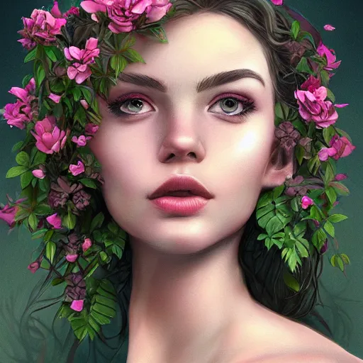 Image similar to A gorgeous young woman plant hybrid, vine and plants and flowers, intricate, digital painting, highly detailed, concept art, Artstation, Cgsociety, Artgerm