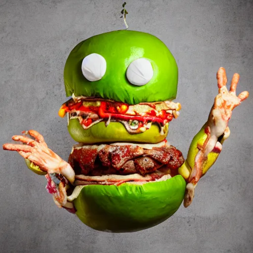 Image similar to a humanoid bipedal upright zombie that strongly resembles a hamburger, professional food photography