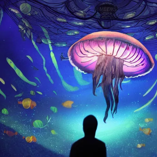 Prompt: over the shoulder photo of a man watching a giant aquarium, magic glowing jellyfish in glowing cosmic stardust, colorful stars, galaxies, space, award winning photo, intricate, high detail, atmospheric, desolate, artstation