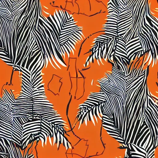 Image similar to tiger in the forest children drawing stripes orange sky palm tres sharp claws and teeth in geometric illustration style