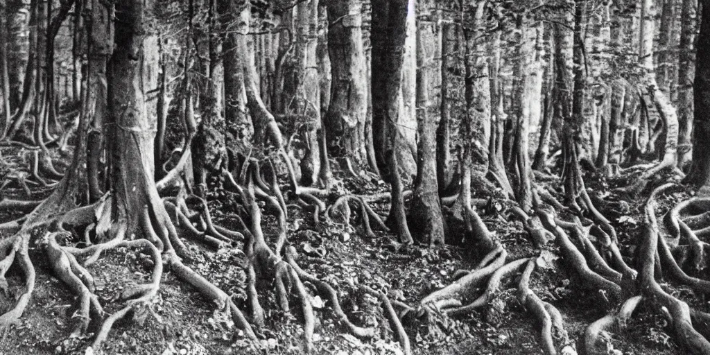 Image similar to 1 9 2 0 s photography of occult humanlike root creatures creeping and lurking in dark forest in the dolomites