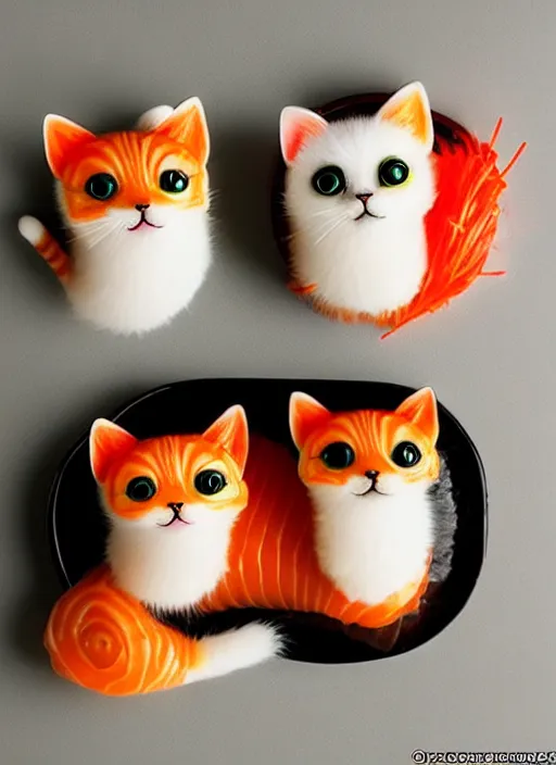 Image similar to clear photorealistic picture of adorable cats made out of sushi