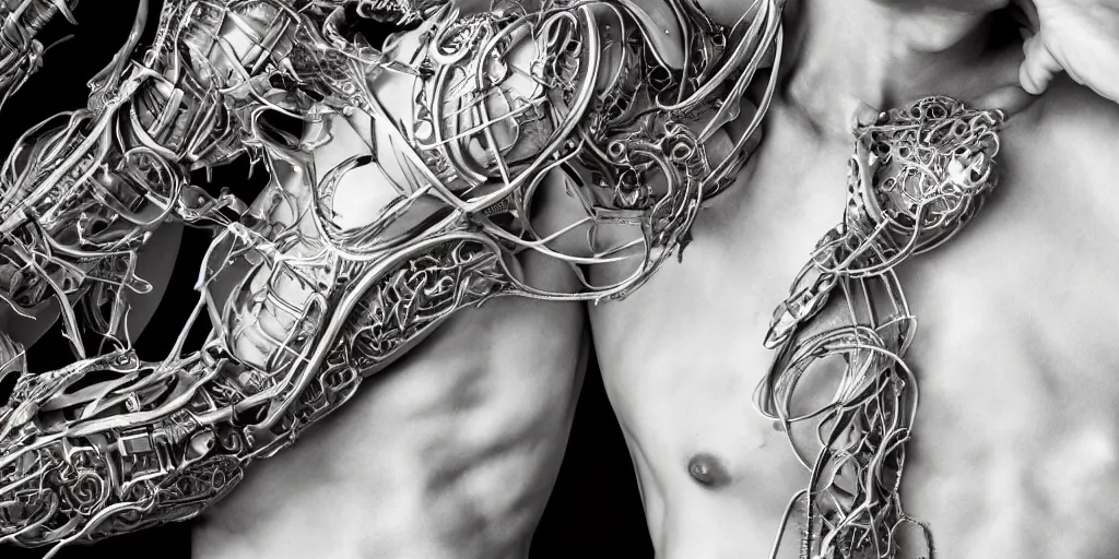 Image similar to hyper realistic photography of a stunningly beautiful cyborg male, plated arm, intimate, chest, holding close, ribbons, in the style of beth cavener, jin kagetsu,, and wlop, highly detailed, intricate filigree, symmetry, masterpiece, award winning, sharp focus, concept art, highkey lighting, ambient lighting, octane render, 8 k, artstation