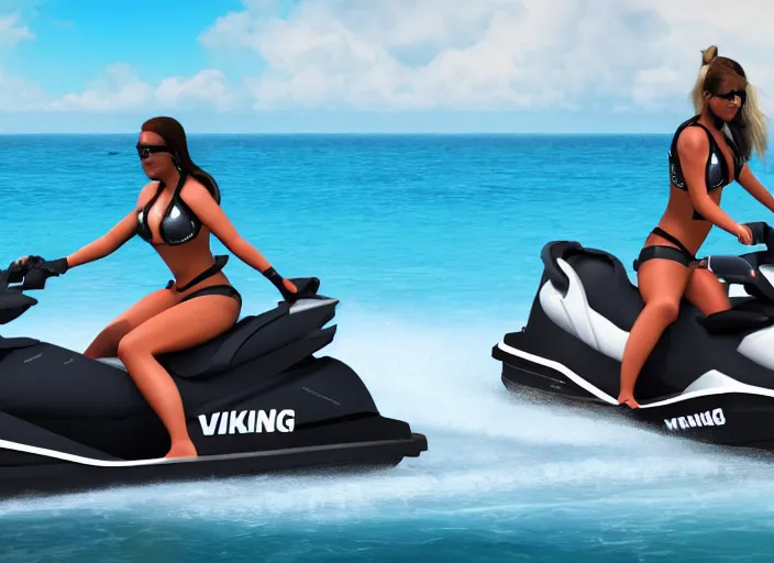 Image similar to viking women riding jet skis!!, wearing a skin - tight futuristic valkerie bikinis, holding laser swords, rough seas in background, hyper - realistic, highly detailed, accurate, 8 k octane render