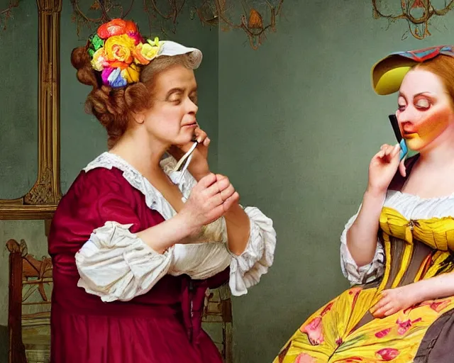 Image similar to an innocent and beautiful scene in hyper realistic style, about an old and lonely woman applying makeup in front of the camera, and modeling a victorian dress. a huge and colorful fish sits on her head.