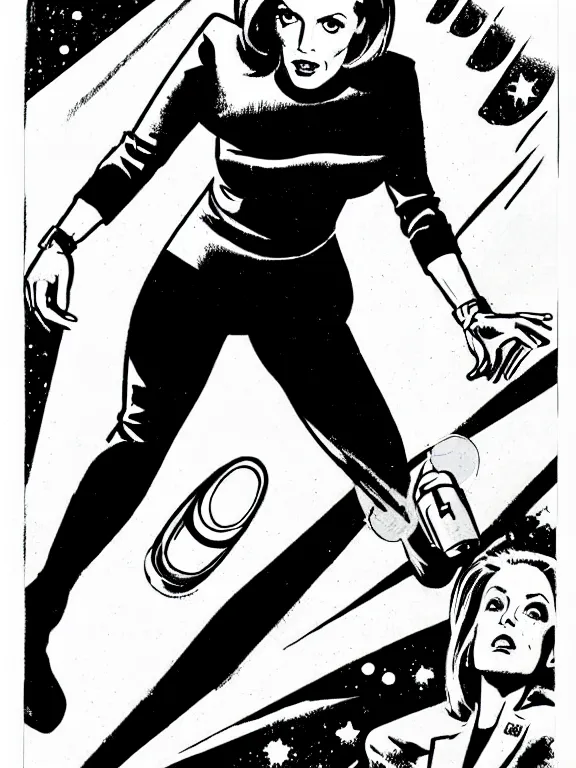 Image similar to dana scully illustrated by jack kirby, floating, hand outstretched, energy effects, power cosmic, poster, pen - and - ink illustration, kirby inks